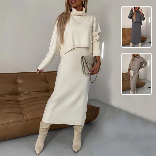2-Piece Women’s Winter Sweater Set – Turtleneck Pullover & Sleeveless Long Dress