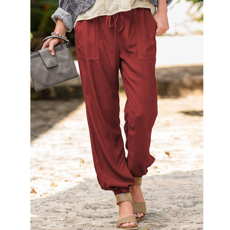 Lace-up Trousers – Cross-border Solid Color Stretch Waist Pocket Slacks