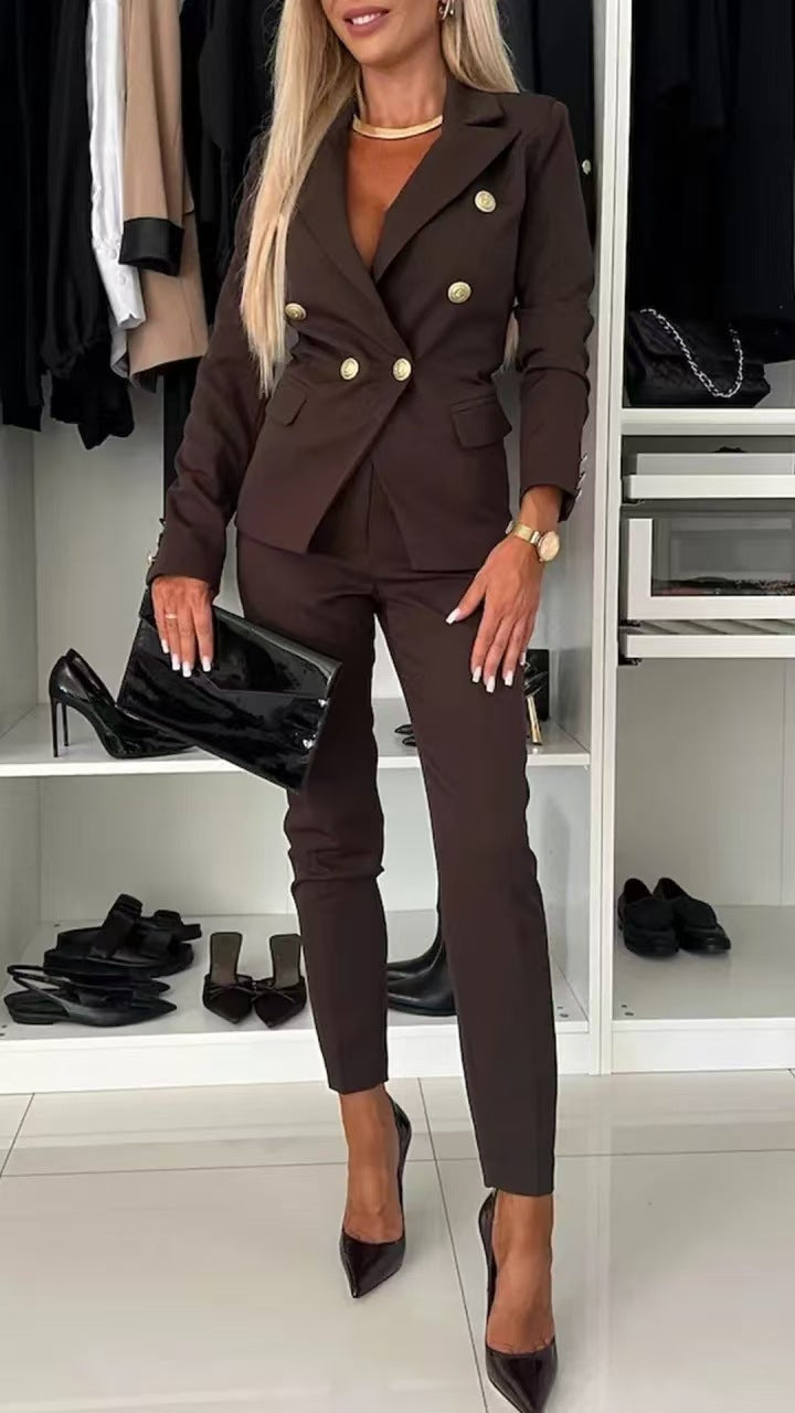 Women’s Casual Suit Set – Lapel Button-Down Jacket & Slim-Fit Trousers