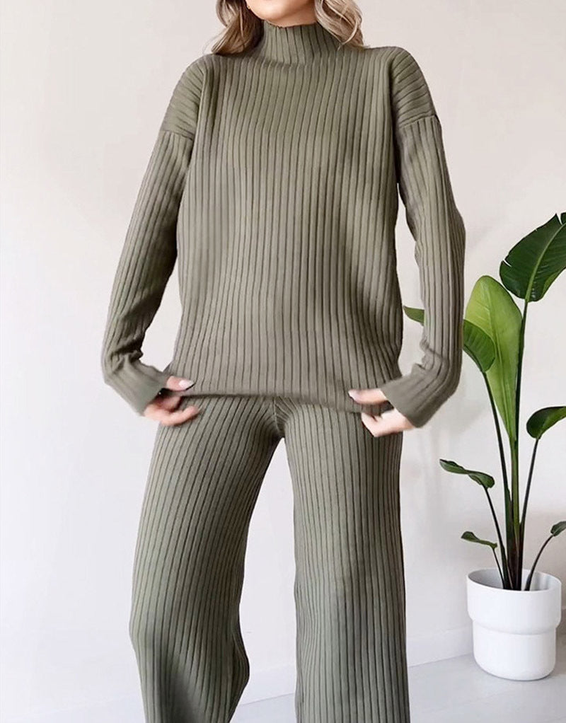 Women’s Turtleneck Knitted Suit – Loose Split Long-Sleeve Top & Straight Trousers, Casual Fashion Solid Set