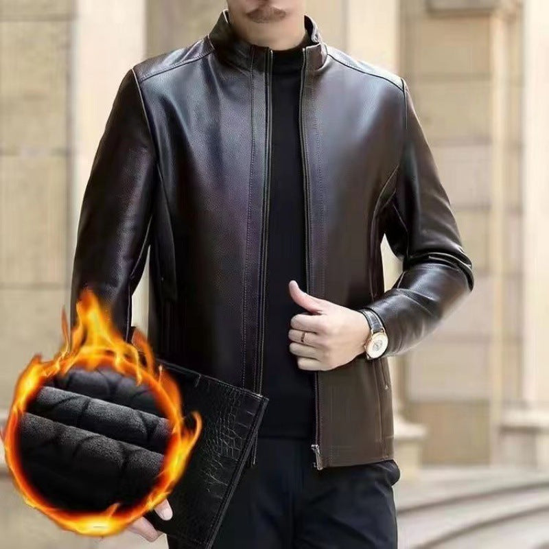 Men's Fleece-Lined Leather Jacket with Stand Collar