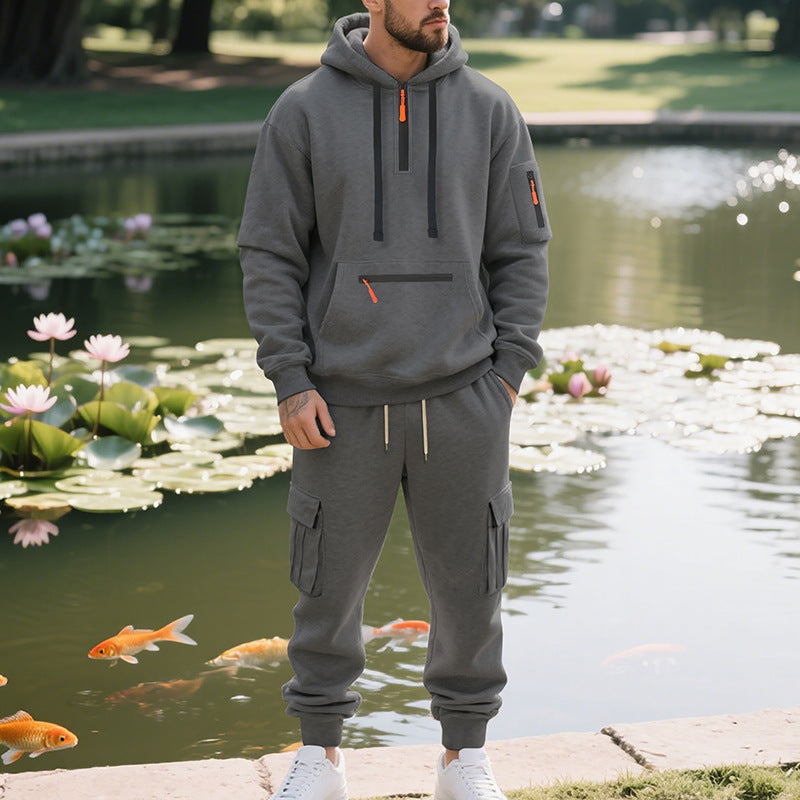 Men’s Loose Fit Fleece-Lined Sports Hoodie & Zipper Pullover Set – Multi-Pocket Casual Two-Piece