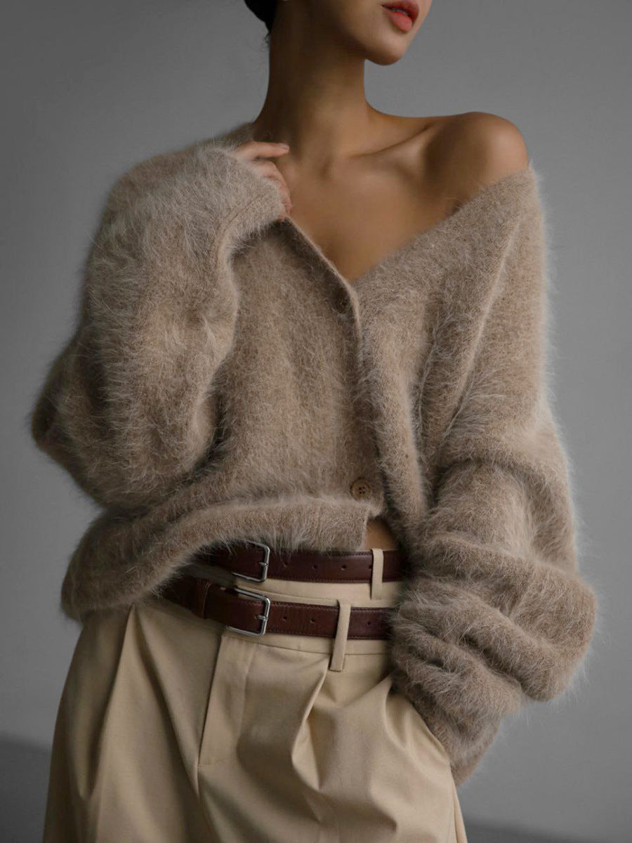 Loose V-Neck Single-Breasted Button Cardigan – Fall Winter Knitted Sweater Top for Women