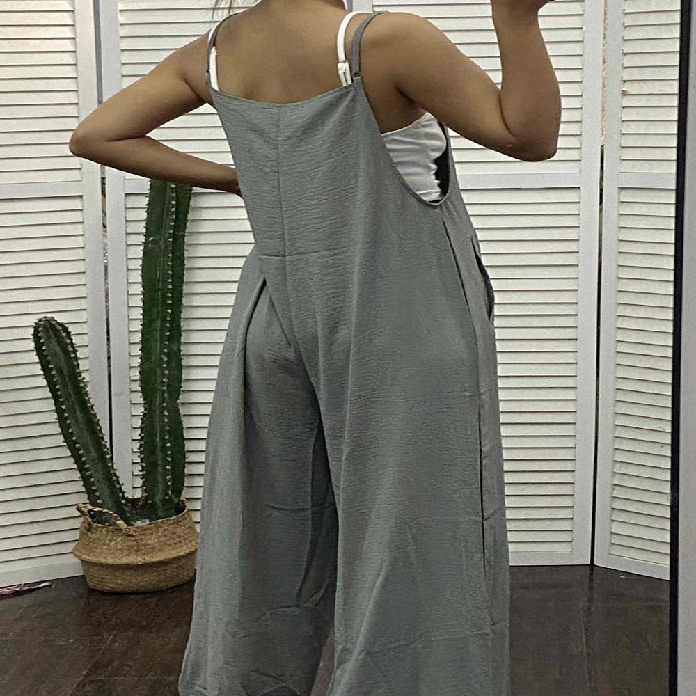 Women’s Sleeveless Jumpsuit – Loose Wide-Leg Overalls with Pockets & Adjustable Straps, Summer Beach Outfit