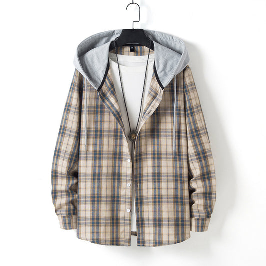Men's Casual Plaid Long Sleeve Hooded Shirt
