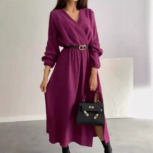Women’s Long Sleeve Solid Color Dress with Waist Tie