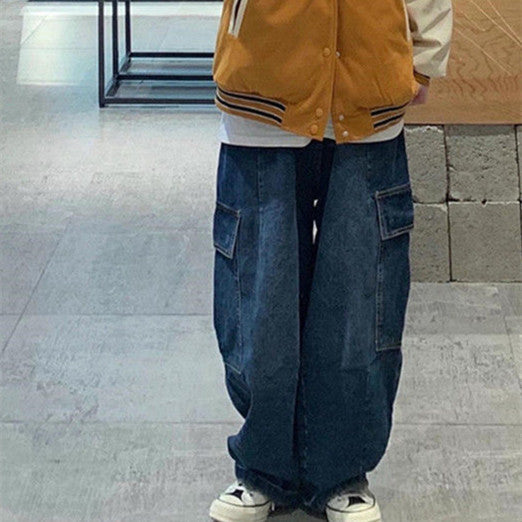 Women's Retro Dark Blue Wide-Leg Jeans – American Street Style