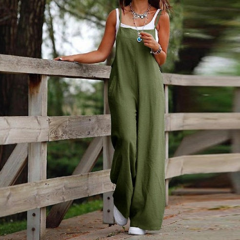 Women’s Sleeveless Jumpsuit – Loose Wide-Leg Overalls with Pockets & Adjustable Straps, Summer Beach Outfit