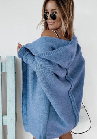 Sheep Wool Knitted Hooded Cardigan – Batwing Sleeve, Spliced Design for OL & Casual Wear