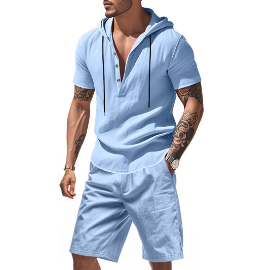 Men’s Summer Linen Two-Piece Set – Hooded Short Sleeve Top & Shorts