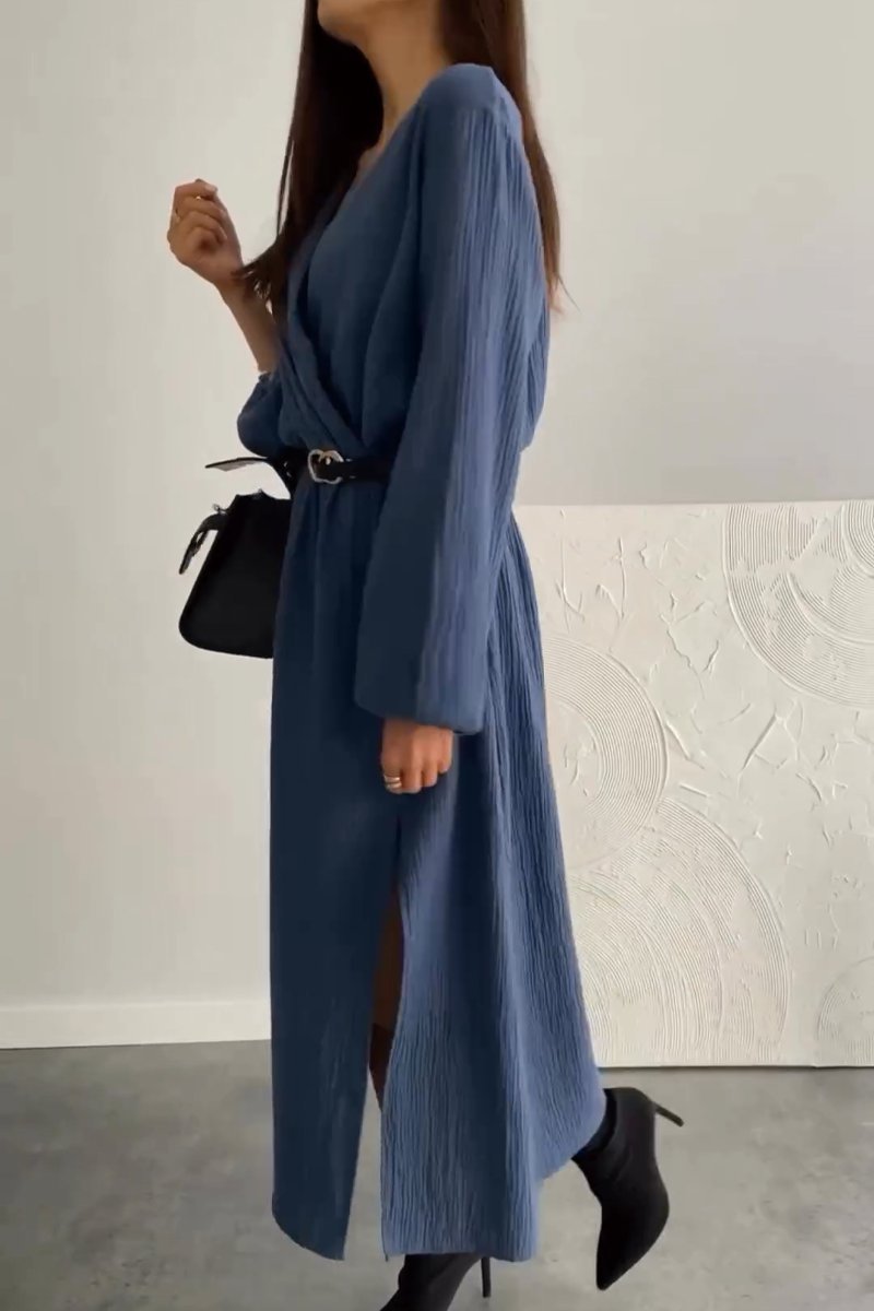 Women’s Long Sleeve Solid Color Dress with Waist Tie