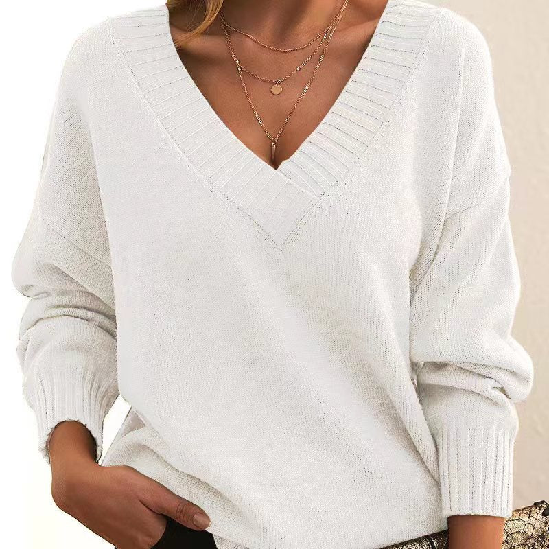 Solid V-neck Loose Knit Sweater – Fashionable Long Sleeve Autumn & Winter Top