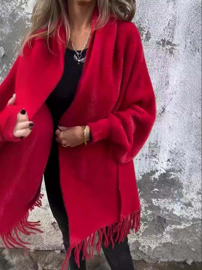 Women’s Knitted Batwing Sleeve Cardigan – Loose Tassel Shawl Outwear