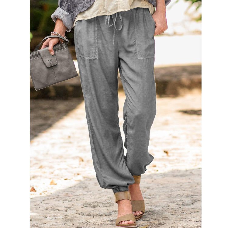 Lace-up Trousers – Cross-border Solid Color Stretch Waist Pocket Slacks
