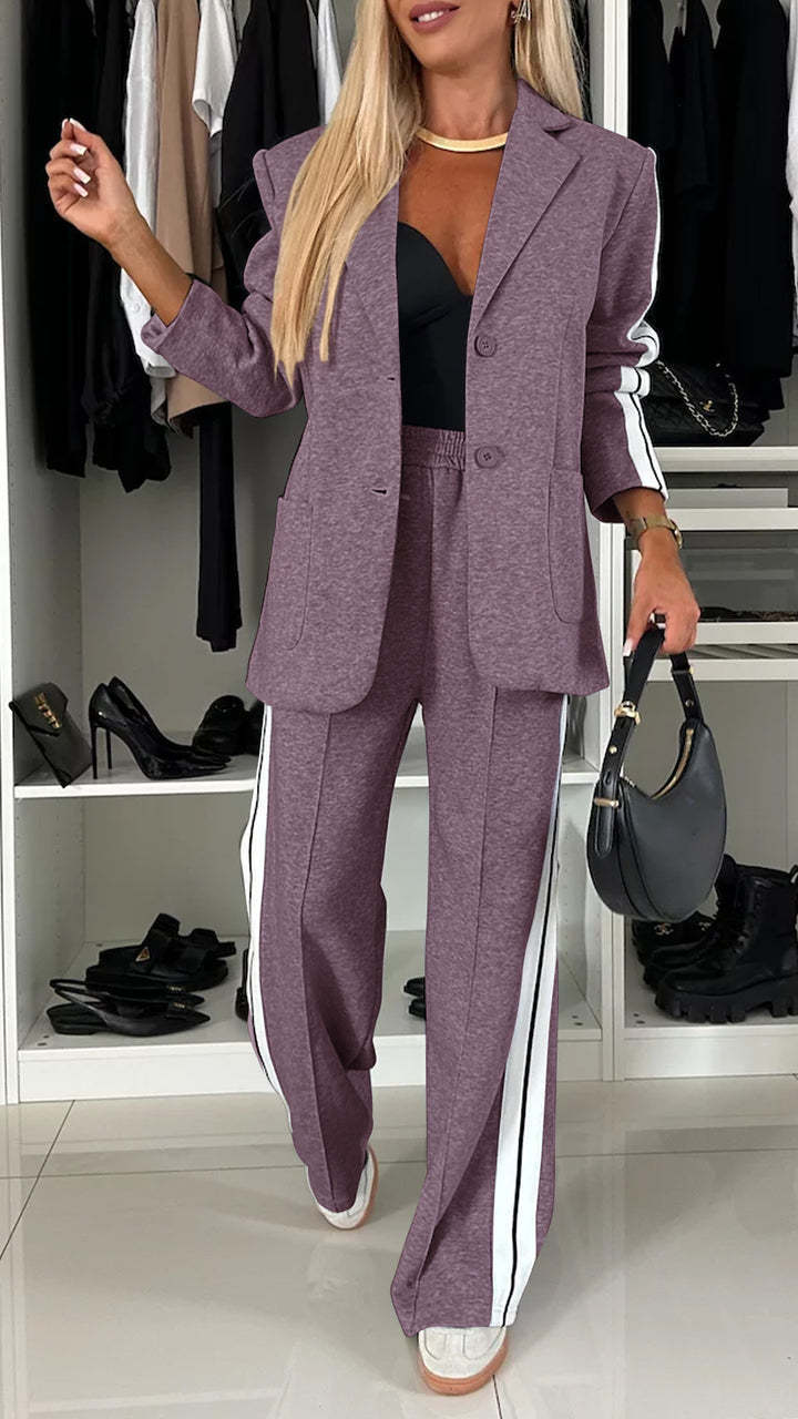 Women’s Casual Lapel Suit – Single-Breasted Jacket & Striped Straight Pants, Fashion Sports Trousers Set