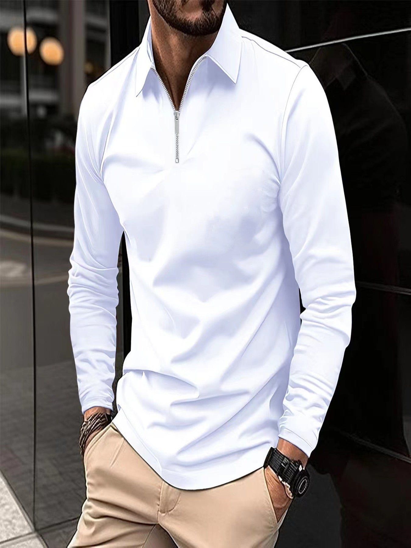 Men's Long Sleeve Zipper Polo Shirt – Solid Color, Lightweight Sportswear, Casual Golf Top