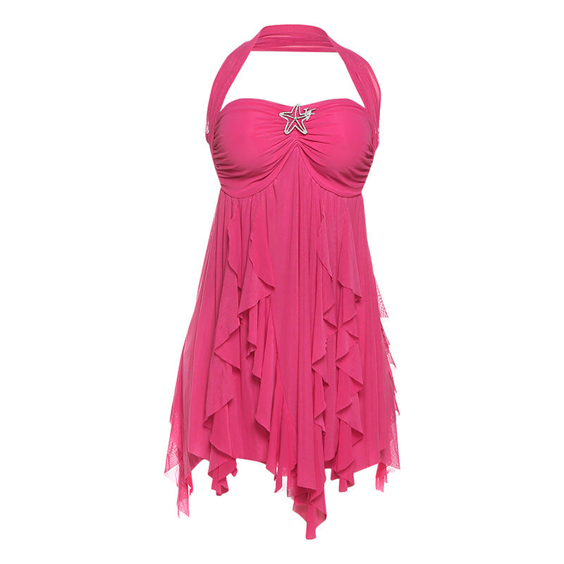 Halter Neck Backless Printed Mesh Mini Dress – Summer Club & Evening Style
