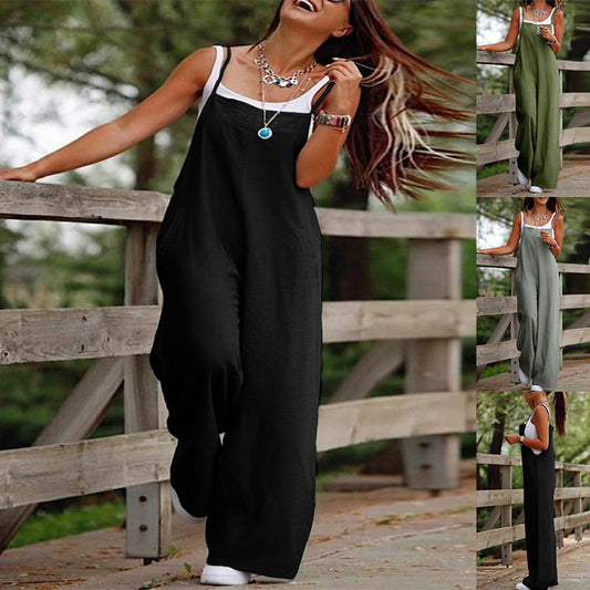 Women’s Sleeveless Jumpsuit – Loose Wide-Leg Overalls with Pockets & Adjustable Straps, Summer Beach Outfit