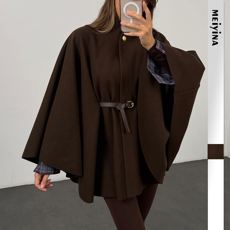Winter Elegant Woolen Cape Coat – Solid Color, Waist-Tight, Mid-Length