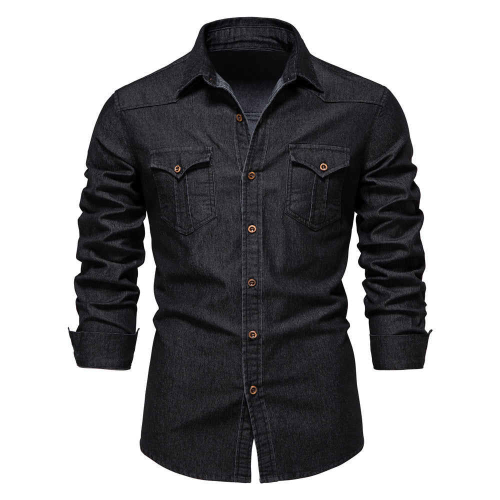 Men’s Long-Sleeved Denim Shirt – Casual Slim Fit Button-Up Top