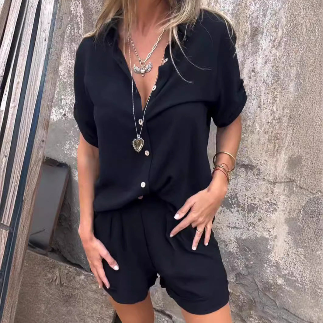 Women’s Short-Sleeve Lapel Button Shirt & Pocket Shorts Set