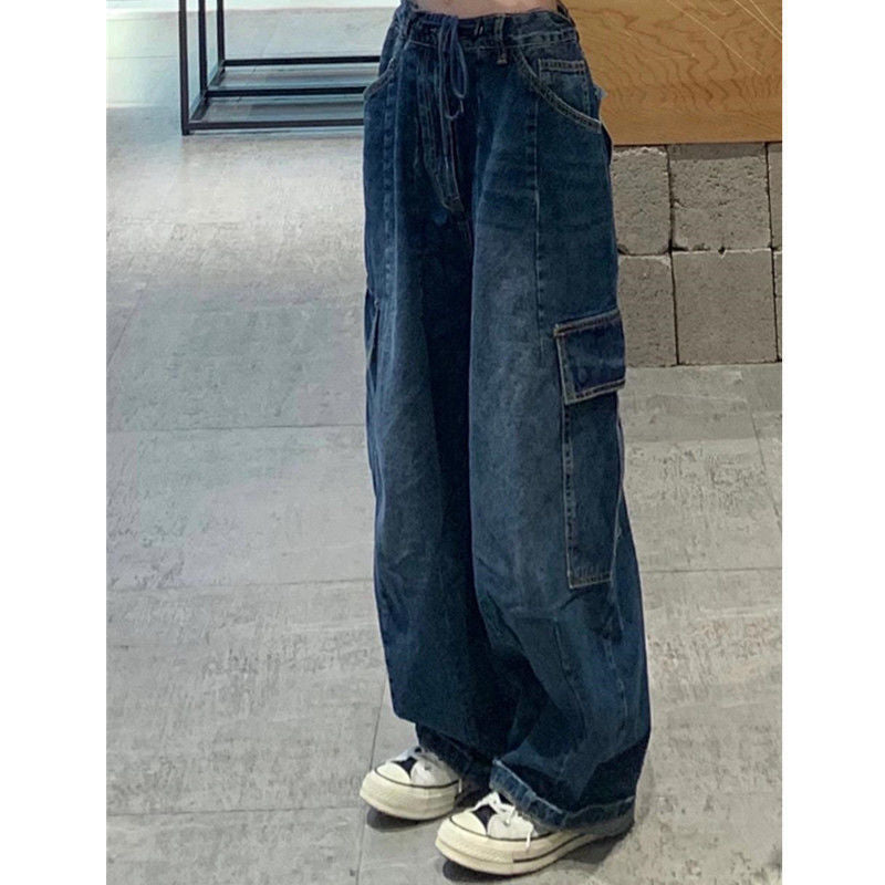 Women's Retro Dark Blue Wide-Leg Jeans – American Street Style