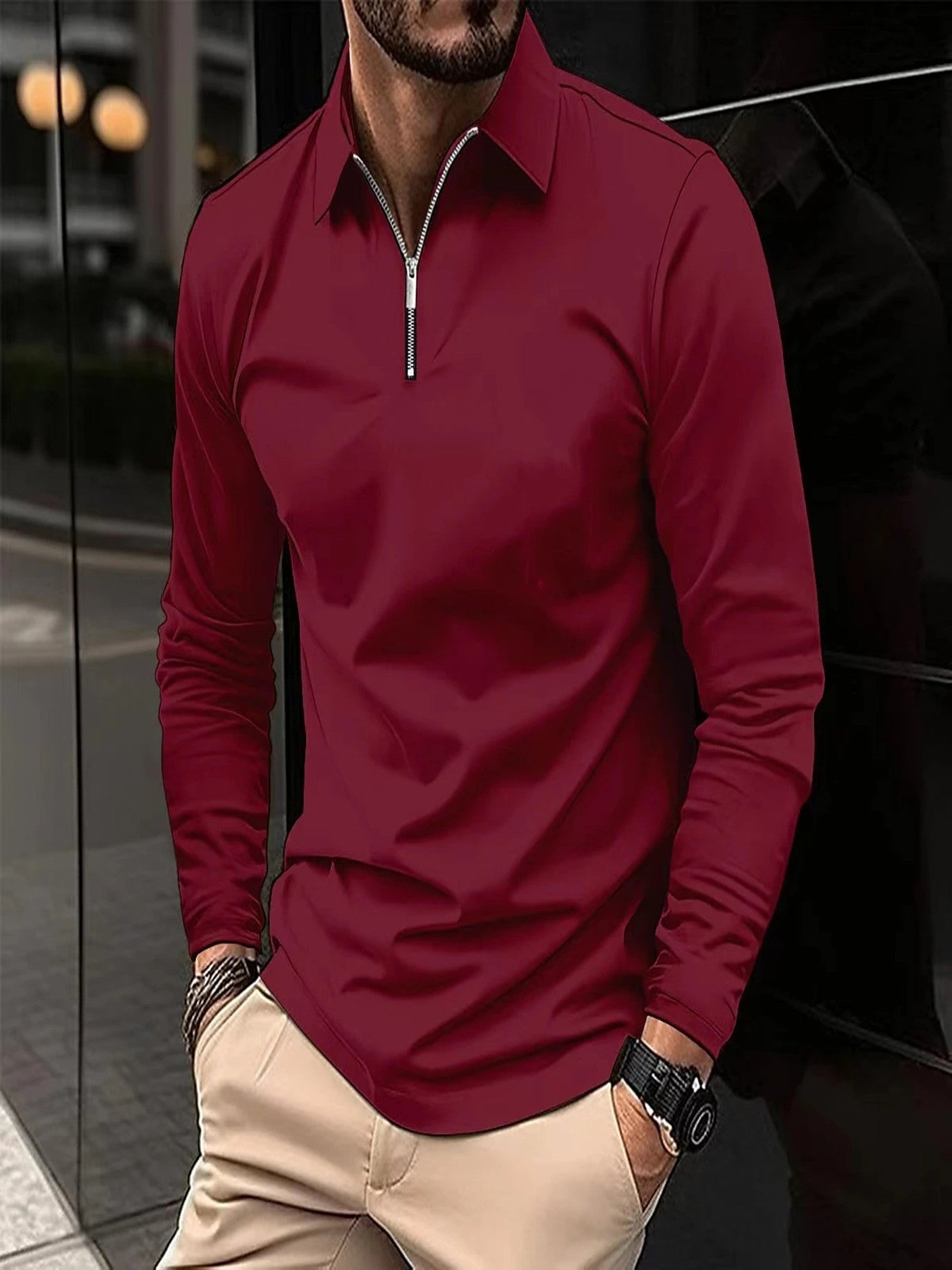 Men's Long Sleeve Zipper Polo Shirt – Solid Color, Lightweight Sportswear, Casual Golf Top