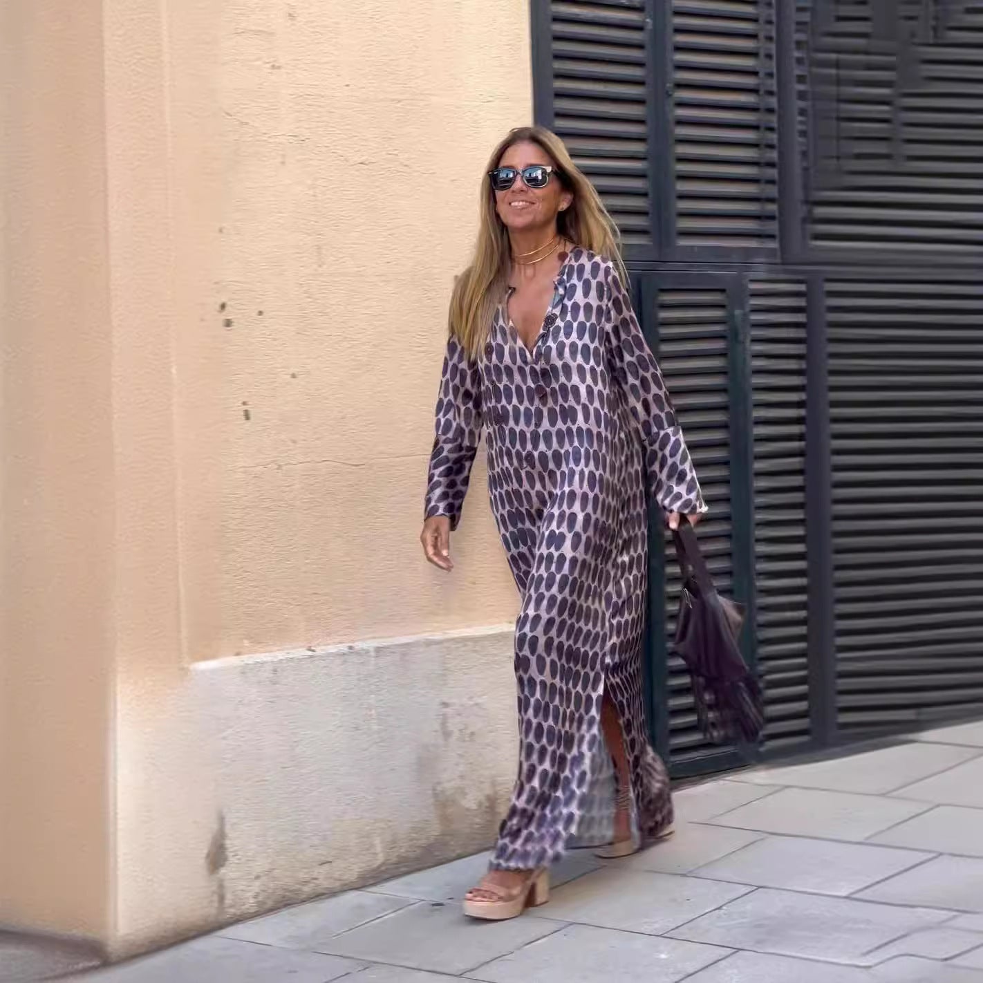 Summer Geometric V-Neck Long Sleeve Slit Dress for Women