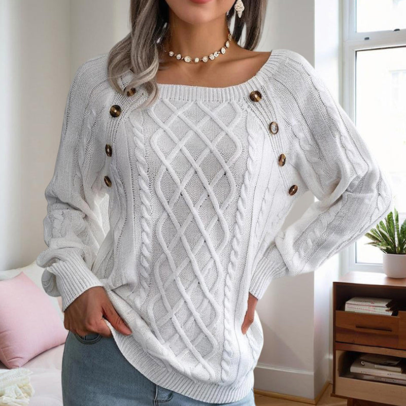 Cozy Ribbed Knit Sweater with Square Neck & Button Details – Women’s Fall/Winter Top