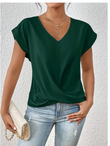 Women’s Irregular Knot V-Neck T-Shirt – Casual Short Sleeve Top