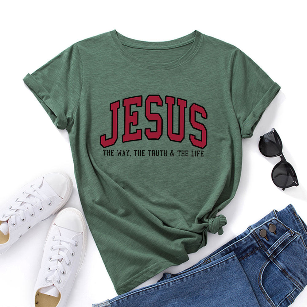 Women’s “JESUS” Printed Loose Fit Cotton T-Shirt – Casual Faith Graphic Tee