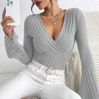 Women’s Autumn Winter Ribbed Stripe V-Neck Flared Slim-Fit Long Sleeve Top – Elegant Stylish Tee
