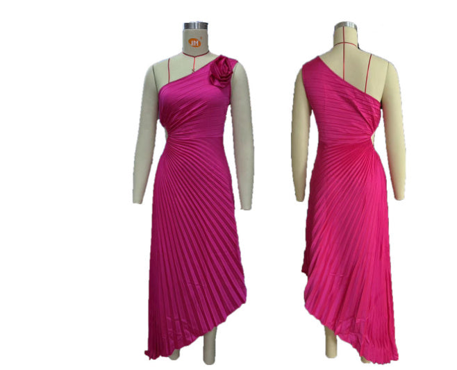 One-Shoulder Pleated Fishtail Dress with Big Rose – Sexy Evening & Party Dress for Women