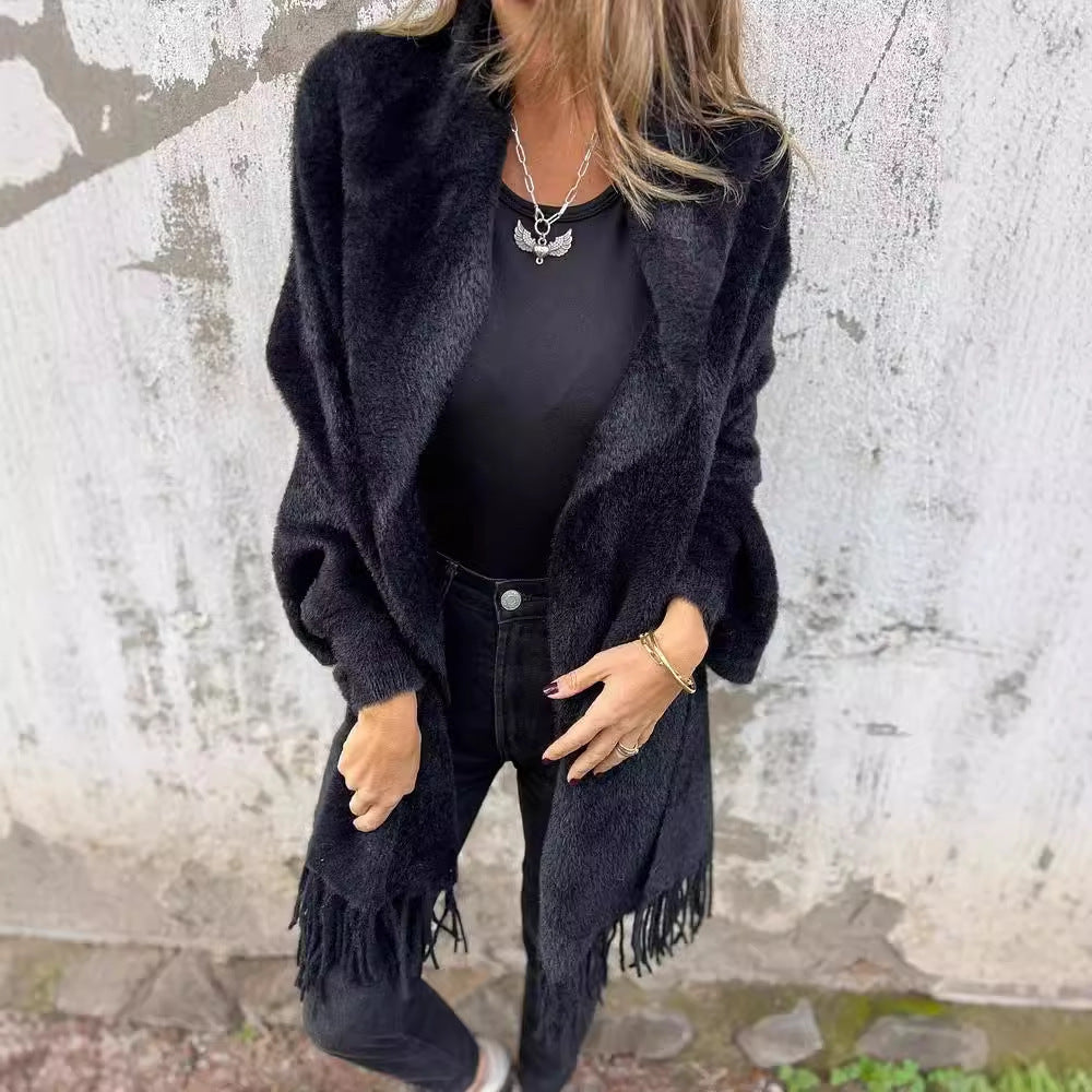 Women’s Knitted Batwing Sleeve Cardigan – Loose Tassel Shawl Outwear