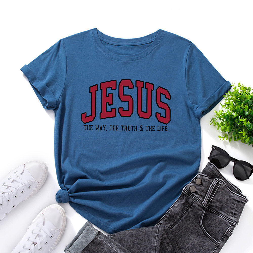 Women’s “JESUS” Printed Loose Fit Cotton T-Shirt – Casual Faith Graphic Tee