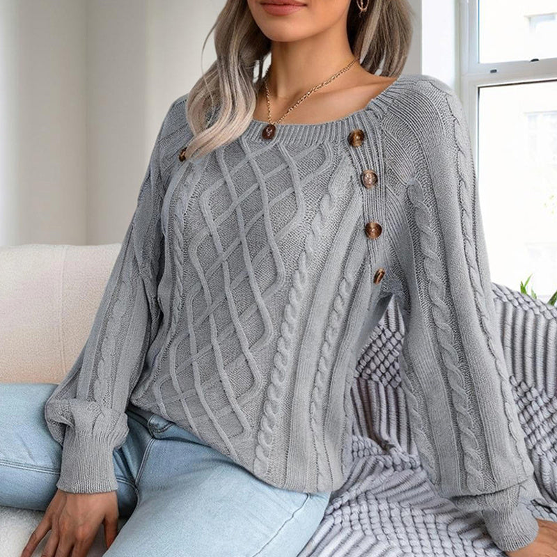 Cozy Ribbed Knit Sweater with Square Neck & Button Details – Women’s Fall/Winter Top