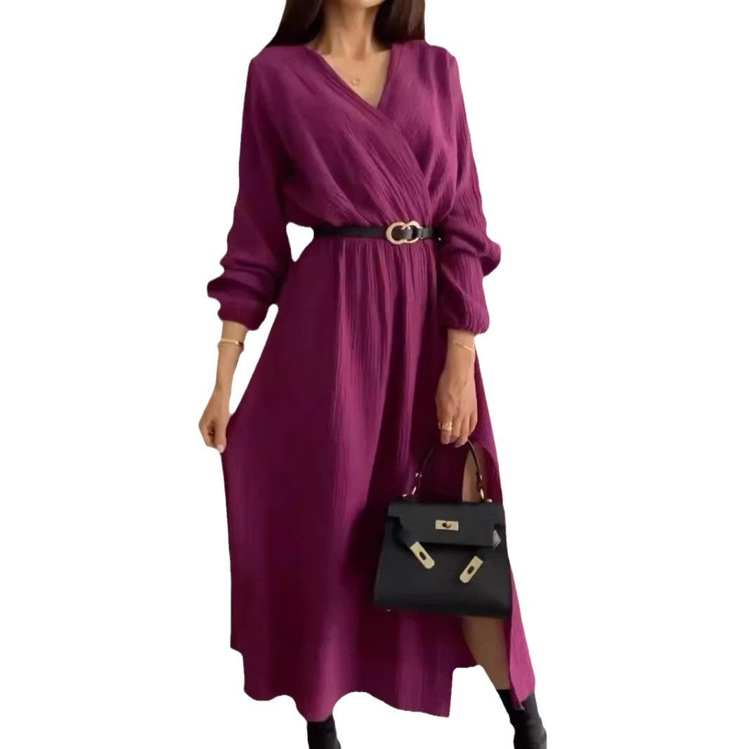 Women’s Long Sleeve Solid Color Dress with Waist Tie