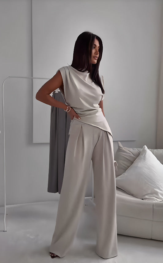 Women's Sleeveless Suit – Slim Irregular Split Top & Straight Pants Trouser Set