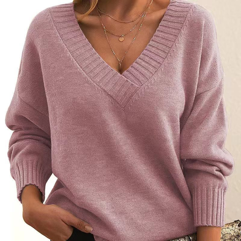 Solid V-neck Loose Knit Sweater – Fashionable Long Sleeve Autumn & Winter Top