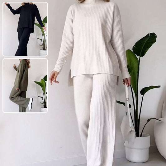 Women’s Turtleneck Knitted Suit – Loose Split Long-Sleeve Top & Straight Trousers, Casual Fashion Solid Set