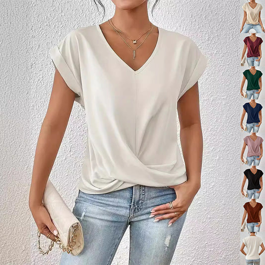 Women’s Irregular Knot V-Neck T-Shirt – Casual Short Sleeve Top
