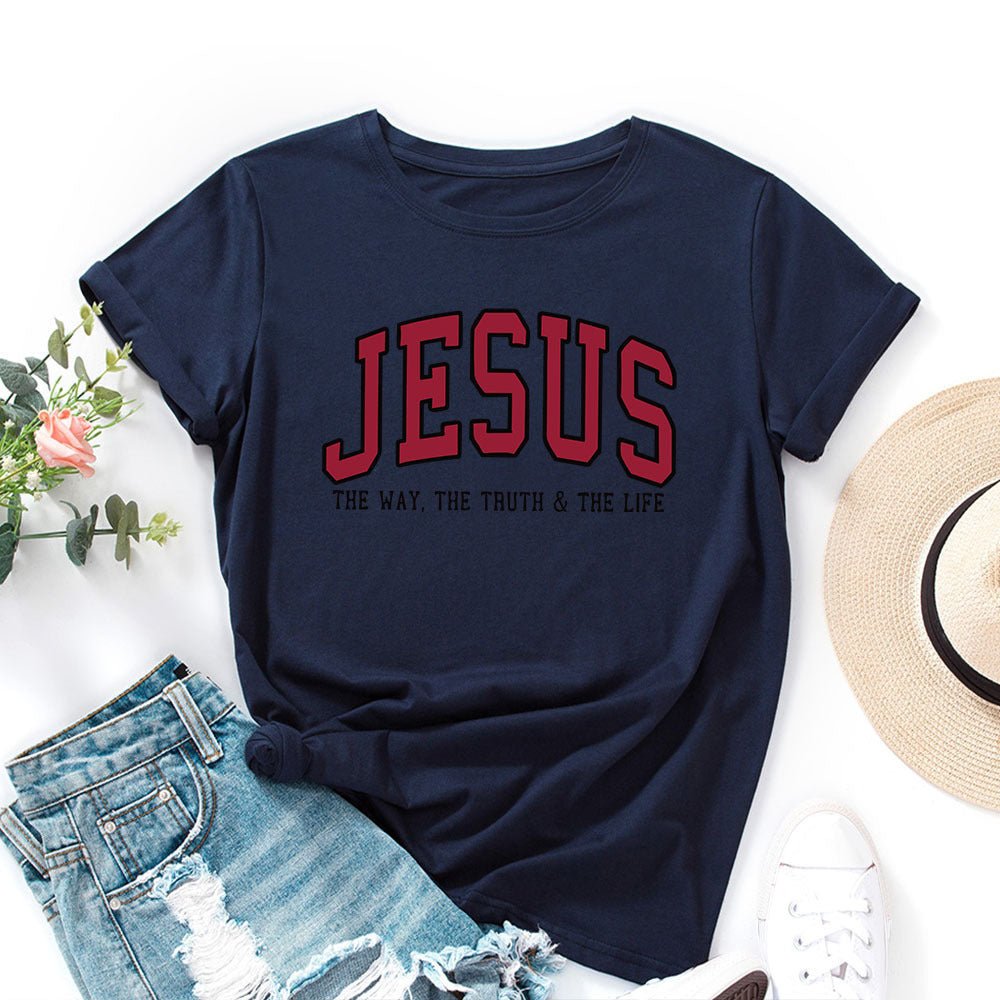 Women’s “JESUS” Printed Loose Fit Cotton T-Shirt – Casual Faith Graphic Tee