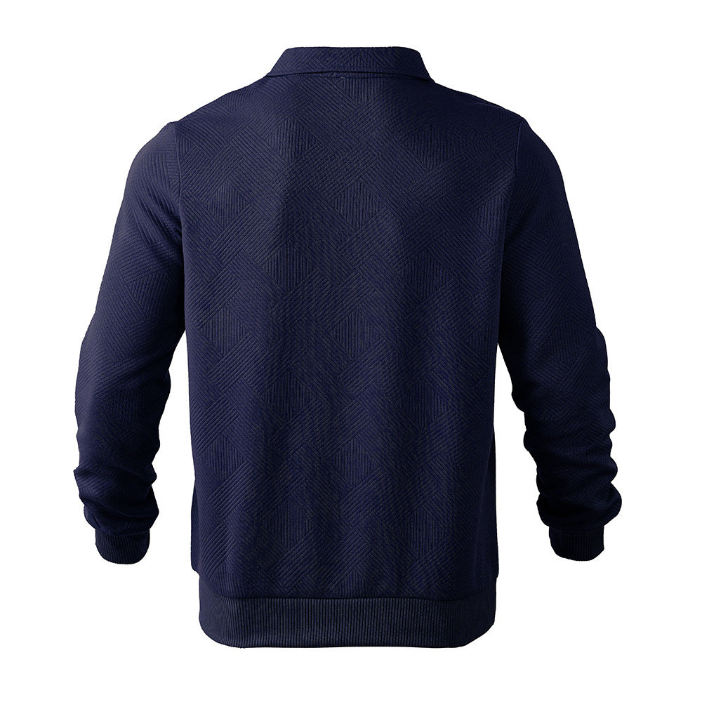 Men’s Lapel Jacquard Half-Zipper Sweatshirt – Solid Color, Long Sleeve Fashion Top