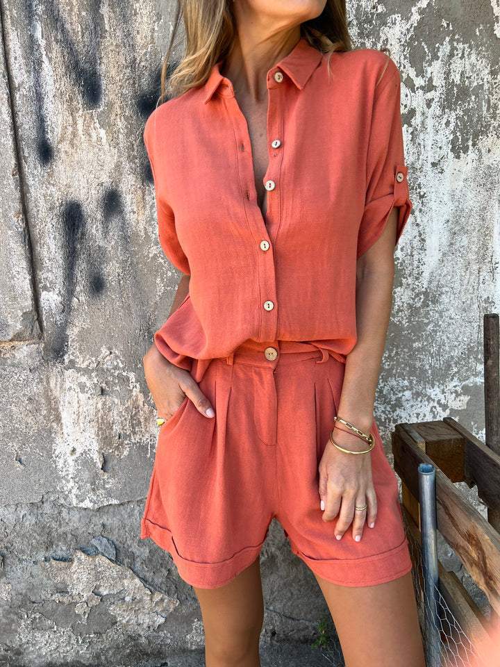 Women’s Short-Sleeve Lapel Button Shirt & Pocket Shorts Set