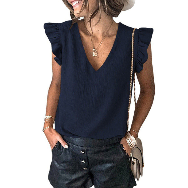 Women's V-neck Pullover Ruffled Sleeve Top