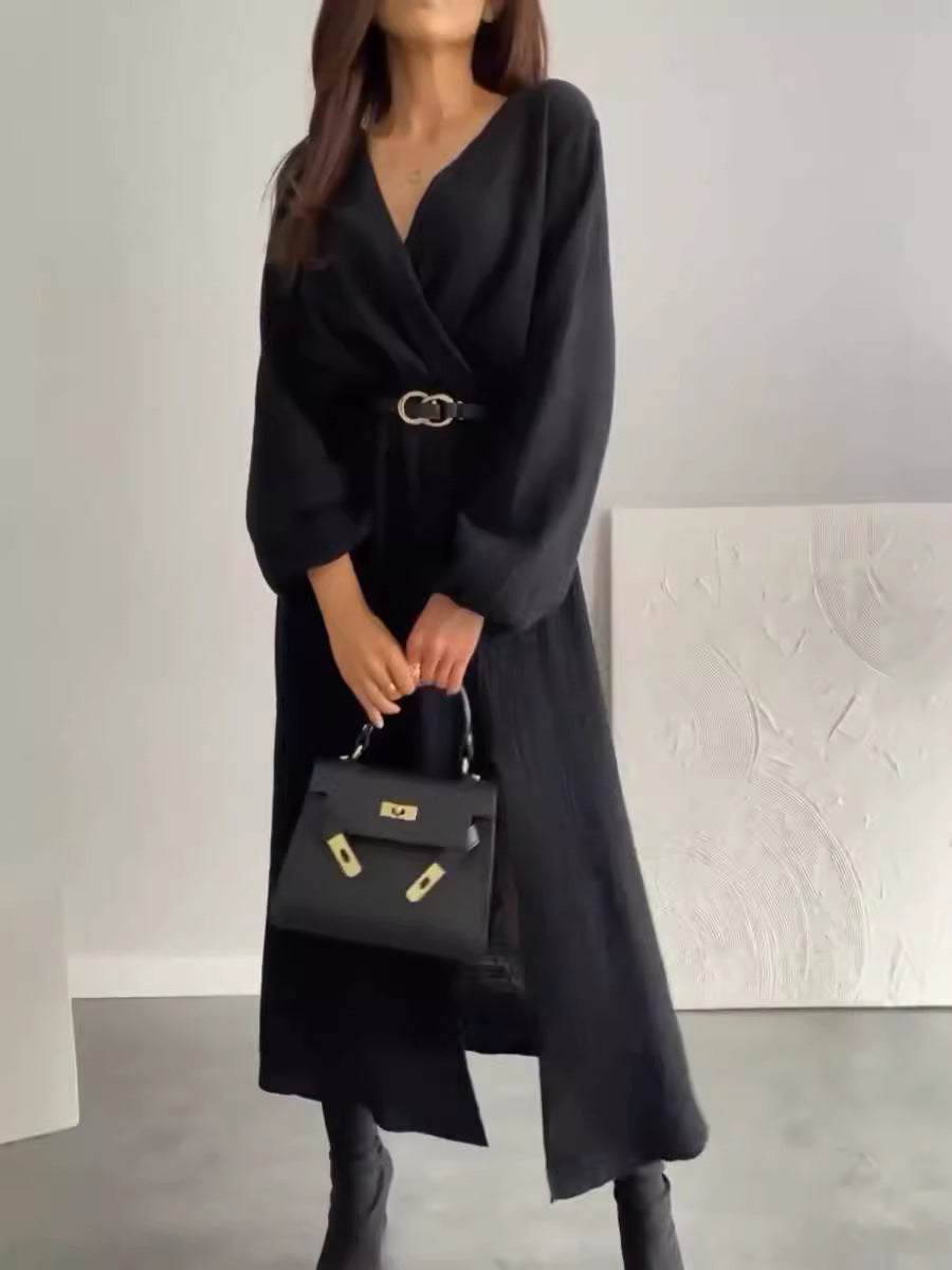 Women’s Long Sleeve Solid Color Dress with Waist Tie