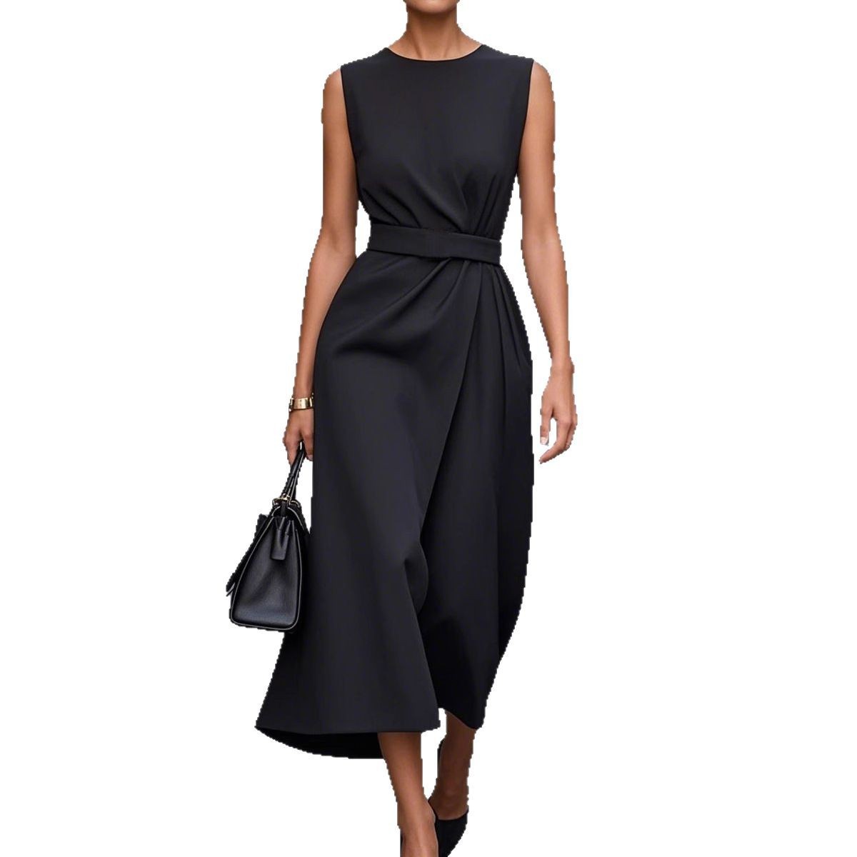 Women's Summer Sleeveless Slim Dress with Belt – Irregular Hem & Back Zipper