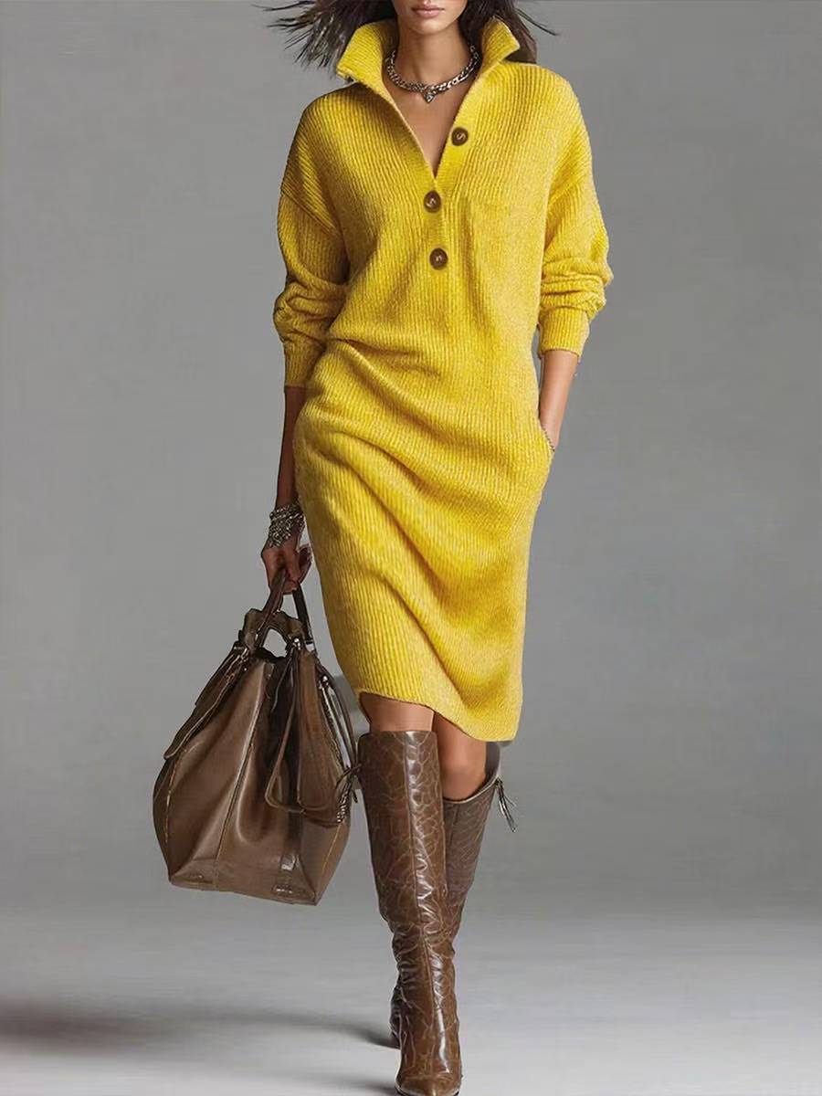 Women’s Warm V-Neck Button Sweater Dress