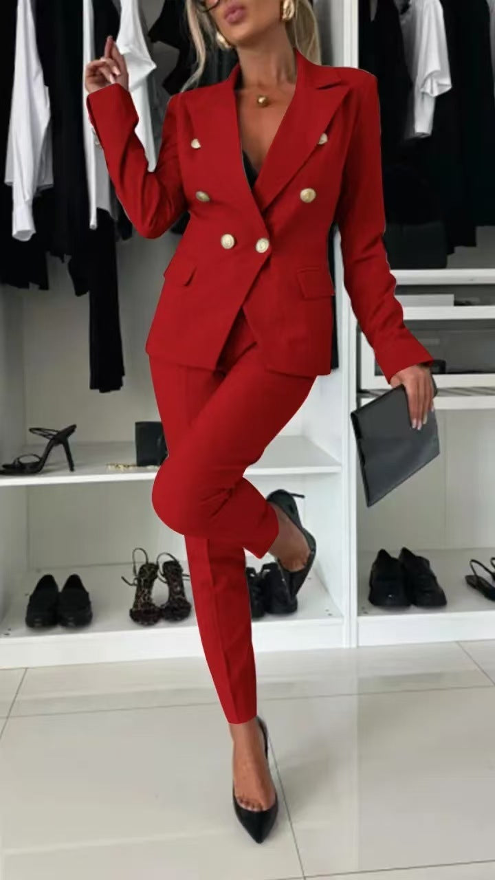 Women’s Casual Suit Set – Lapel Button-Down Jacket & Slim-Fit Trousers