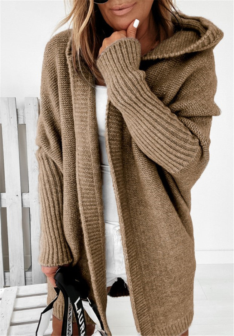 Fashion Bat Sleeve Hooded Cardigan Oversized Loose Solid Color Sweater for Women